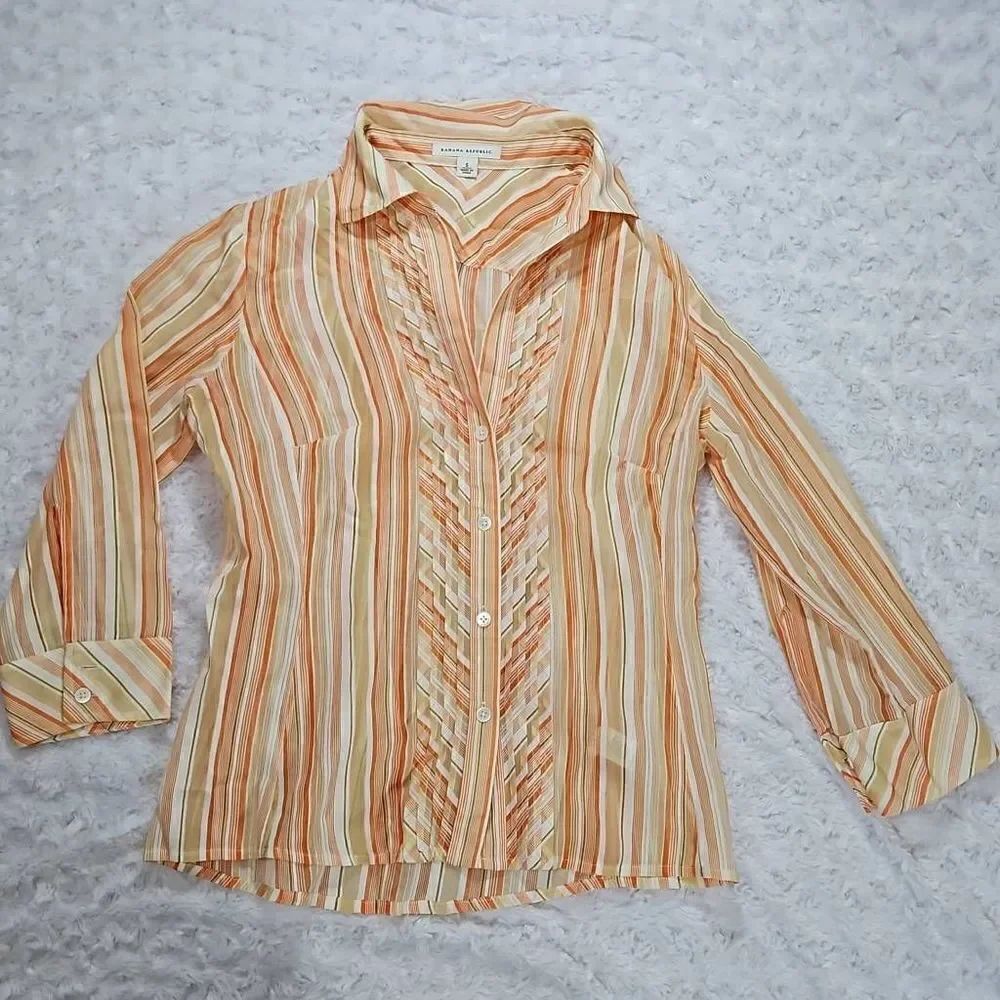 Sheer Orange Striped Blouse Banana Republic Long Sleeve Button Up Lightweight Si